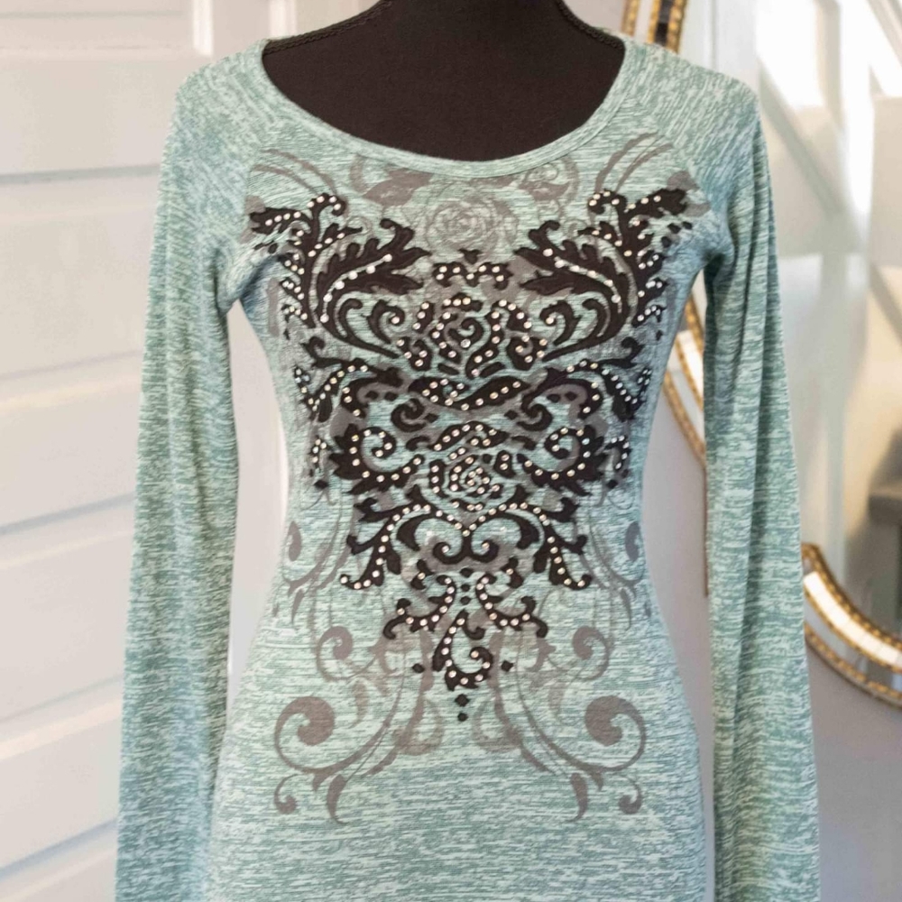 Miss Me Bling Turquoise long sleeved lace inset shirt